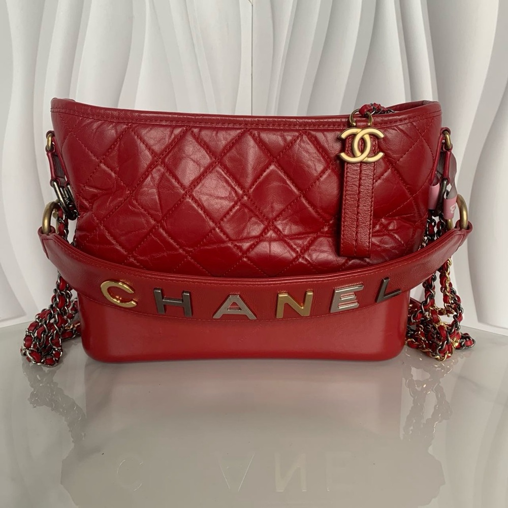 Chanel Gabrielle Hobo with Logo Handle Calfskin Small Red